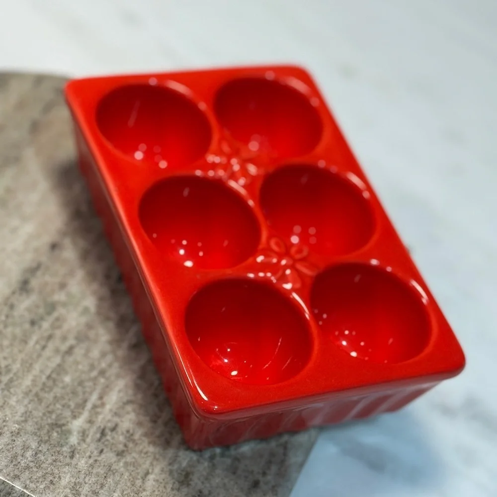 Ceramic Egg Dish “biscuit” Brand Red 1/2 dozen eggs
